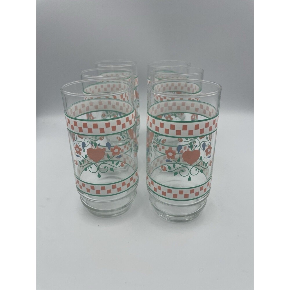Lot 6 Vintage Indiana Glass Tumblers Country Pink Hearts And Checks 90’s Cottage